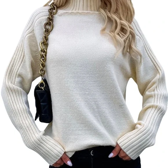 Cream Ribbed Mock Neck Sweater - Picture 4 of 8
